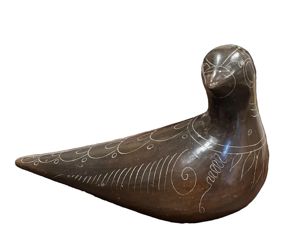 Mexican Tonala Pottery Bird Figurine Burnished Brown Hand Painted Folk Art